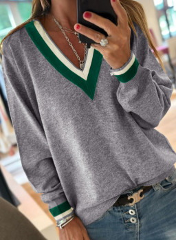 Gray Contrast Striped Trim V Neck Knit Sweater