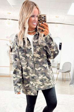 Green Camo Chest Pockets Loose Denim Jacket