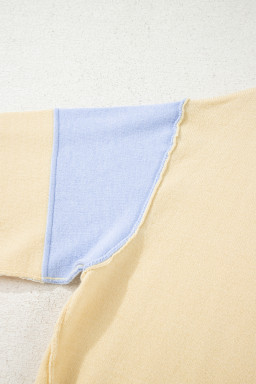 Sky Blue Striped V Neck Collared Colorblock Patchwork Sweater