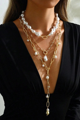 Gold Statement 3pcs Pearl Chain Necklace Set