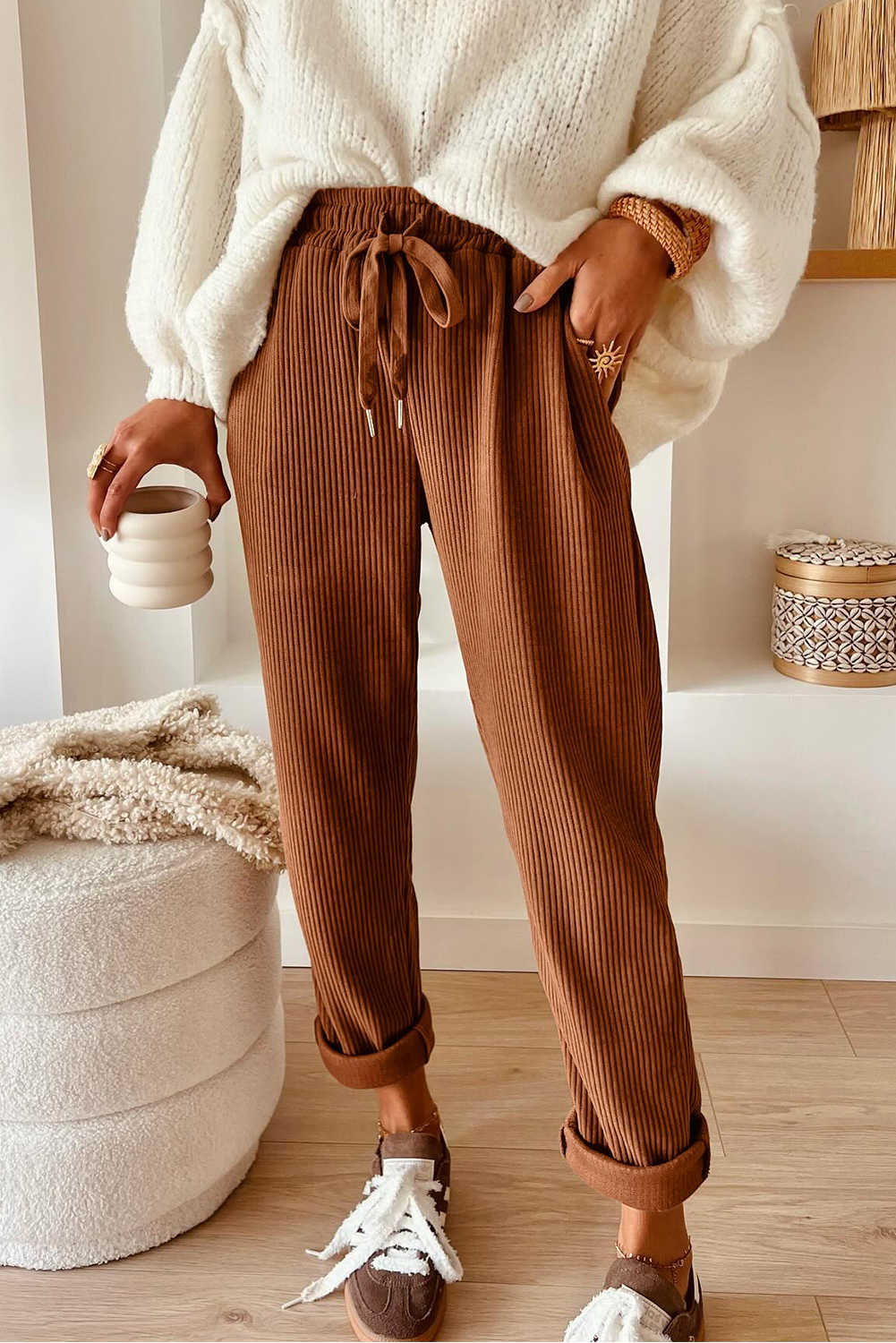Chestnut Drawstring Elastic Waist Casual Corduroy Pants