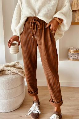 Chestnut Drawstring Elastic Waist Casual Corduroy Pants