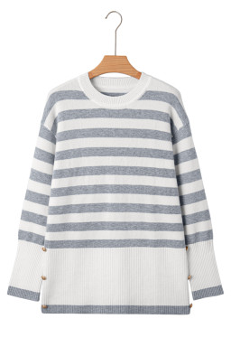 Gray Stripe Ribbed Buttoned Detail Drop Shoulder Tunic Sweater