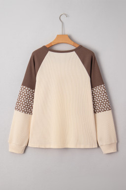 Brown Floral Print Patchwork Colorblock Long Sleeve Top