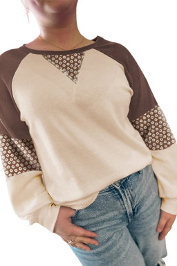 Brown Floral Print Patchwork Colorblock Long Sleeve Top