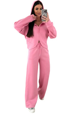 Pink Solid Color Zip Up Hoodie Drawstring Loose Pants Set