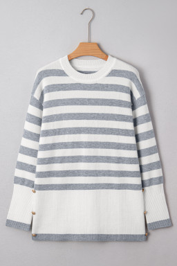 Gray Stripe Ribbed Buttoned Detail Drop Shoulder Tunic Sweater