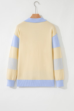 Sky Blue Striped V Neck Collared Colorblock Patchwork Sweater