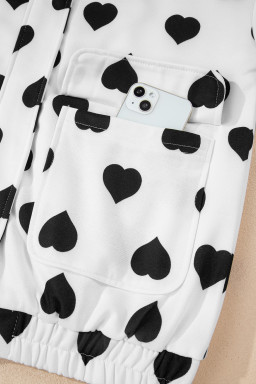 White Zipper Heart Print Collared Jacket