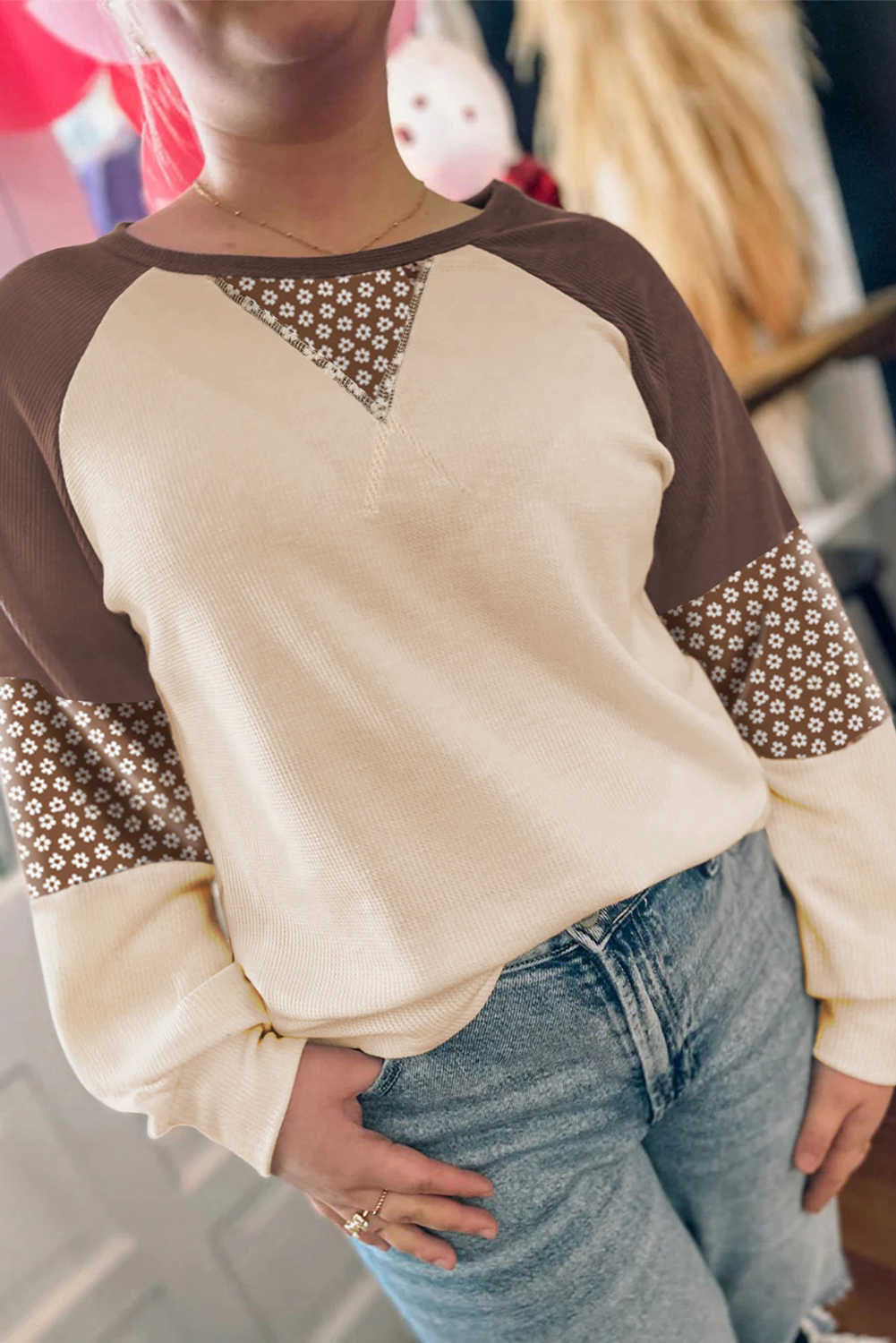 Brown Floral Print Patchwork Colorblock Long Sleeve Top
