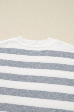 Gray Stripe Ribbed Buttoned Detail Drop Shoulder Tunic Sweater