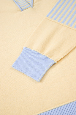 Sky Blue Striped V Neck Collared Colorblock Patchwork Sweater