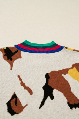 Apricot Contrast Ribbed Stripes Animal Pattern Knit Sweater