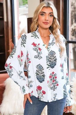 White Floral Print V Neck Loose Drop Sleeve Shirt