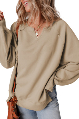 Parchment Raw Edge Exposed Seam Raglan Sleeve Side Slit Sweatshirt