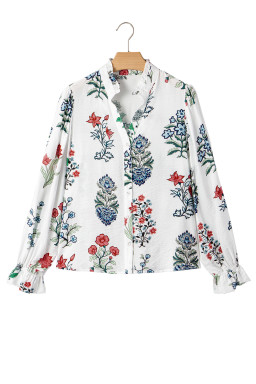 White Floral Print V Neck Loose Drop Sleeve Shirt