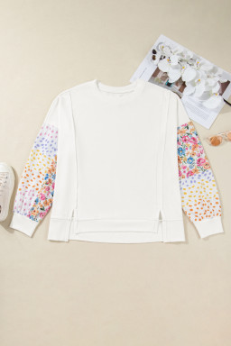 White Plus Size Exposed Seam Detail Contrast Dot Floral Patchwork Sleeve Sweatshirt