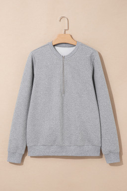 Medium Grey Solid Color Texture Zipper V Neck Sweatshirt