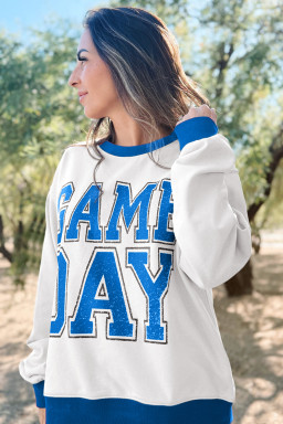White GAME DAY Letter Contrast Trim Baggy Sweatshirt