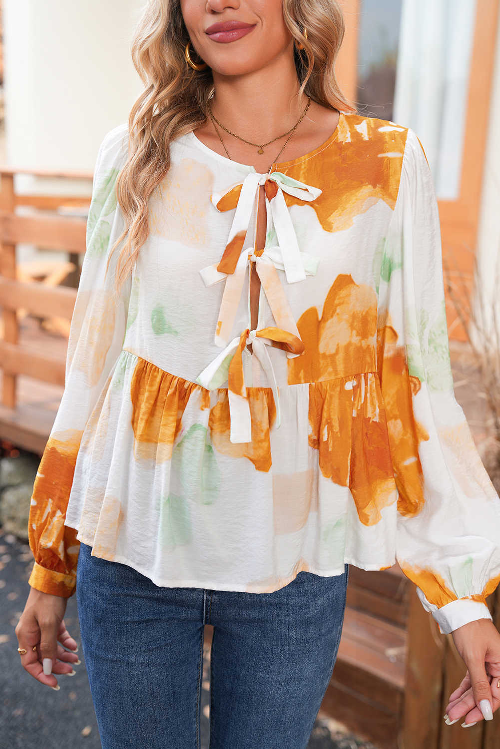 Carrot Abstract Floral Print Bow Tie Long Puff Sleeve Blouse