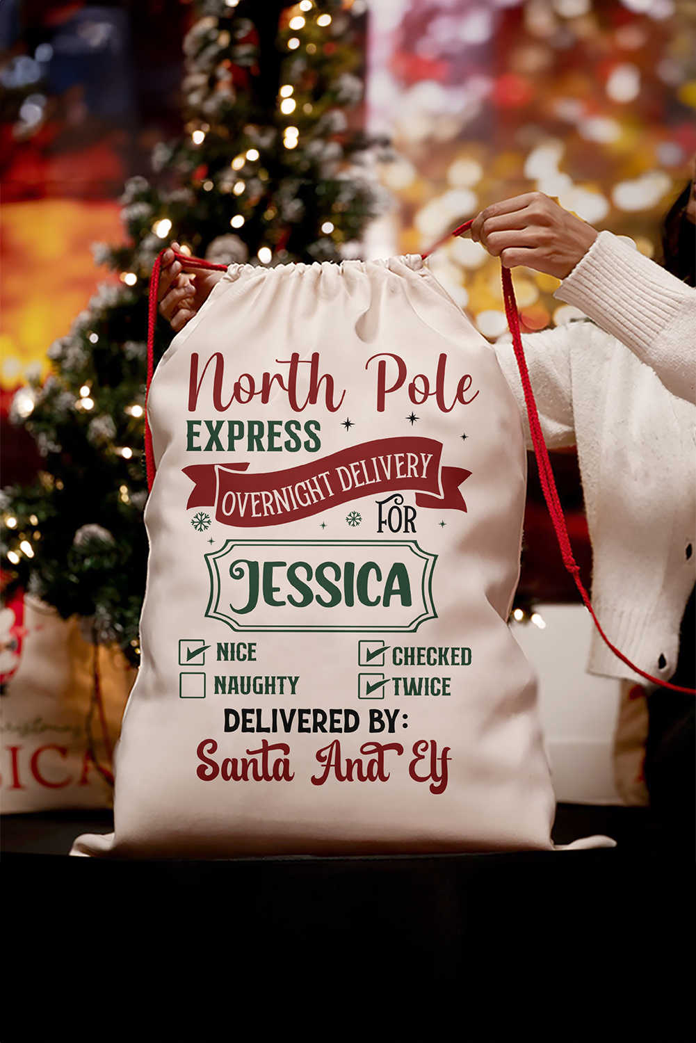 White North Pole Express Drawstring Christmas Gift Bag
