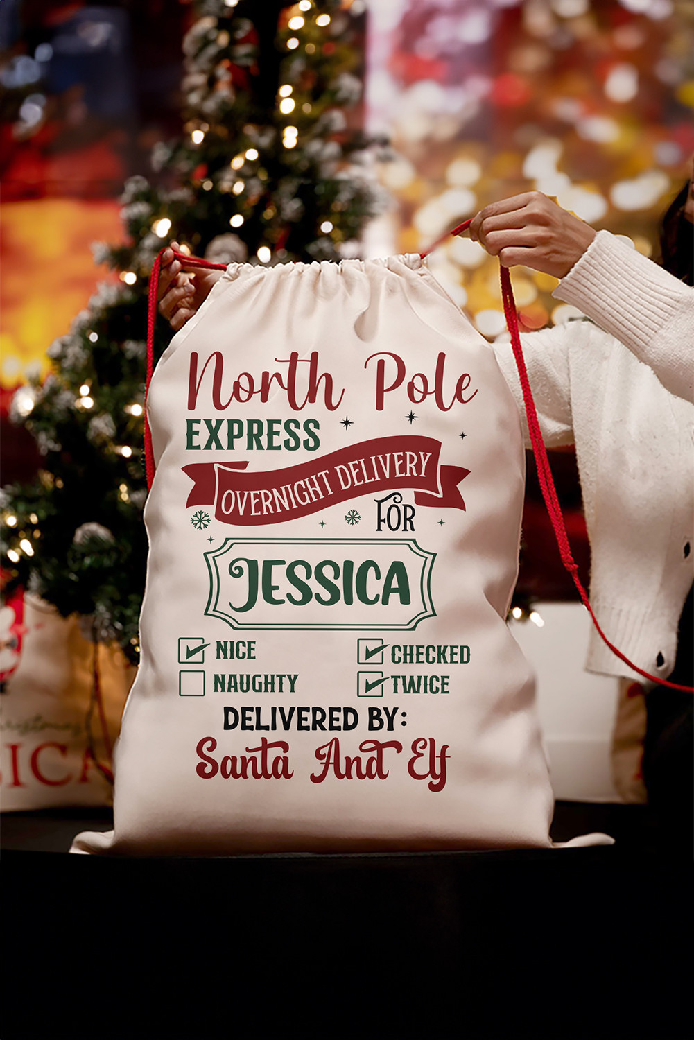 White North Pole Express Drawstring Christmas Gift Bag