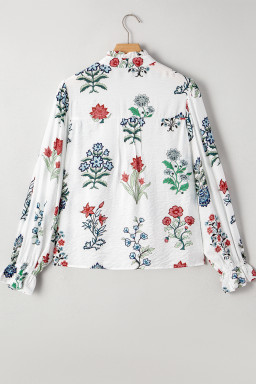 White Floral Print V Neck Loose Drop Sleeve Shirt