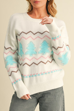 White Christmas Tree Wavy Striped Drop Sleeve Sweater
