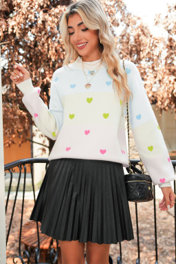 Multicolor Heart Pattern Colorblock High Neck Sweater