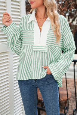 Green Striped Zipper Collar Long Sleeve Top