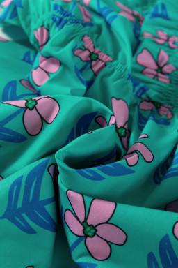 Green Floral Print Frilly Smocked High Waist Mini Dress