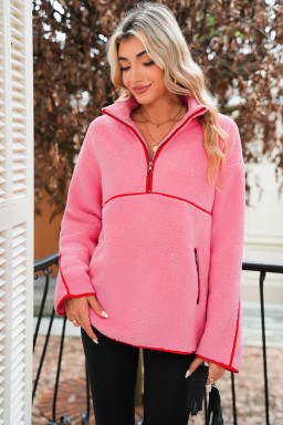 Strawberry Pink Long Sleeve Kangaroo Pocket Sweatshirt