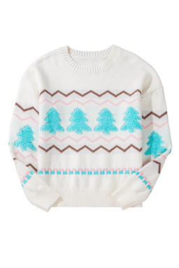 White Christmas Tree Wavy Striped Drop Sleeve Sweater