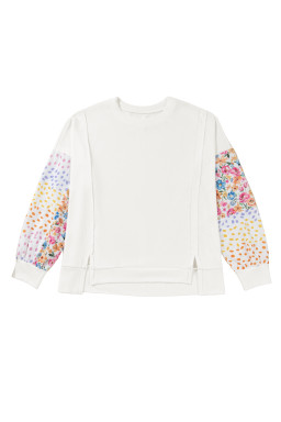 White Plus Size Exposed Seam Detail Contrast Dot Floral Patchwork Sleeve Sweatshirt