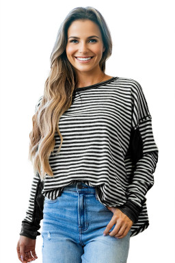 Black Stripe Patchwork Drop Shoulder Round Neck Top