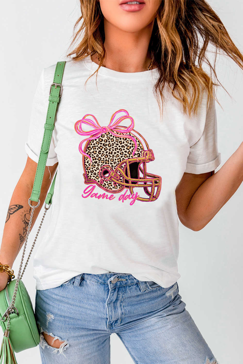 White Leopard Game Day Helmet Graphic Heat Transfer Printing Tee