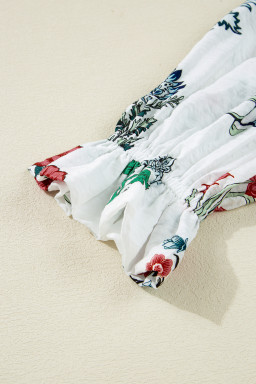 White Floral Print V Neck Loose Drop Sleeve Shirt