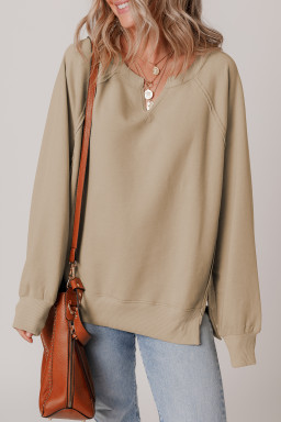 Parchment Raw Edge Exposed Seam Raglan Sleeve Side Slit Sweatshirt