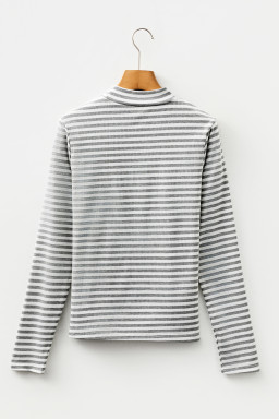 Gray Stripe Ribbed High Neck Slim Fit Long Sleeve Top