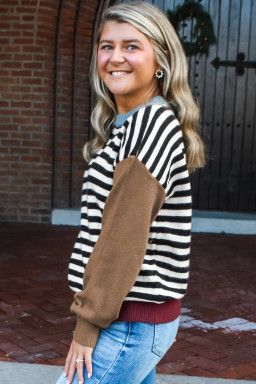 Black Striped Colorblock Patchwork Long Sleeve Sweater