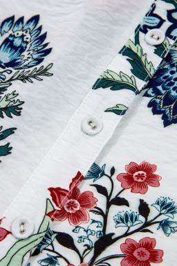 White Floral Print V Neck Loose Drop Sleeve Shirt