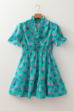 Green Floral Print Frilly Smocked High Waist Mini Dress