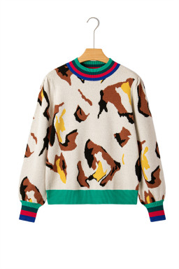 Apricot Contrast Ribbed Stripes Animal Pattern Knit Sweater