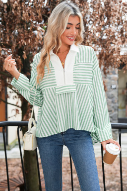 Green Striped Zipper Collar Long Sleeve Top