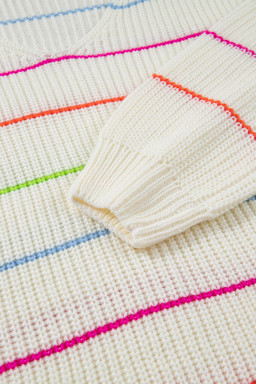 White Striped V Neck Drop Sleeve Sweater