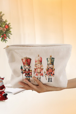 White Christmas Nutcracker Print Corduroy Zip Up Cosmetic Bag