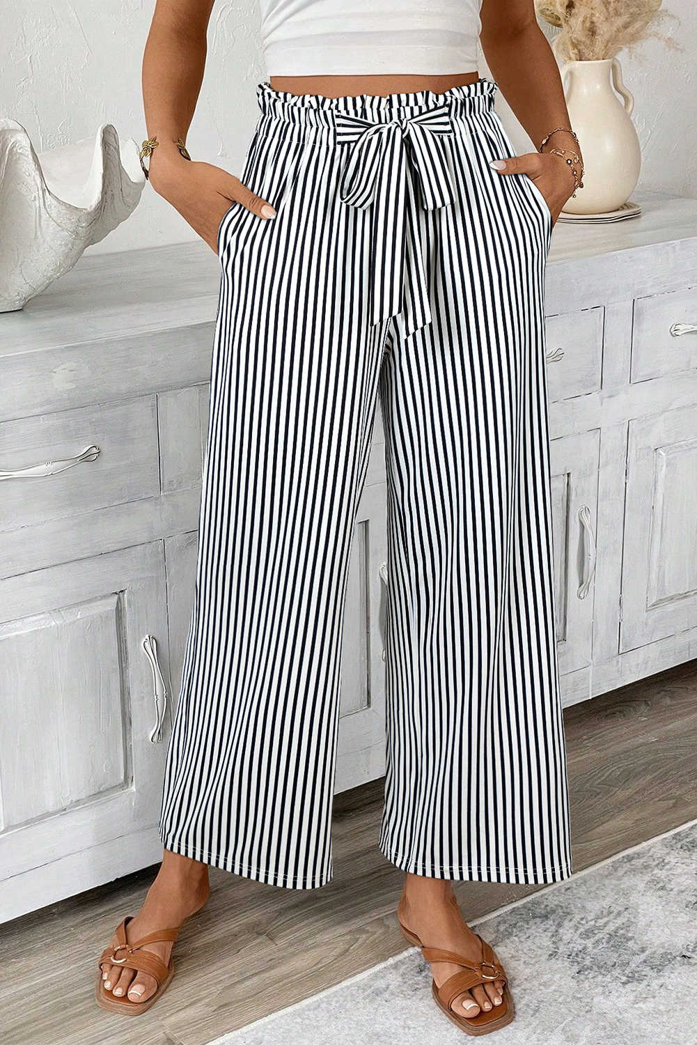 Black Striped Frill Knot Waist Decor Pants