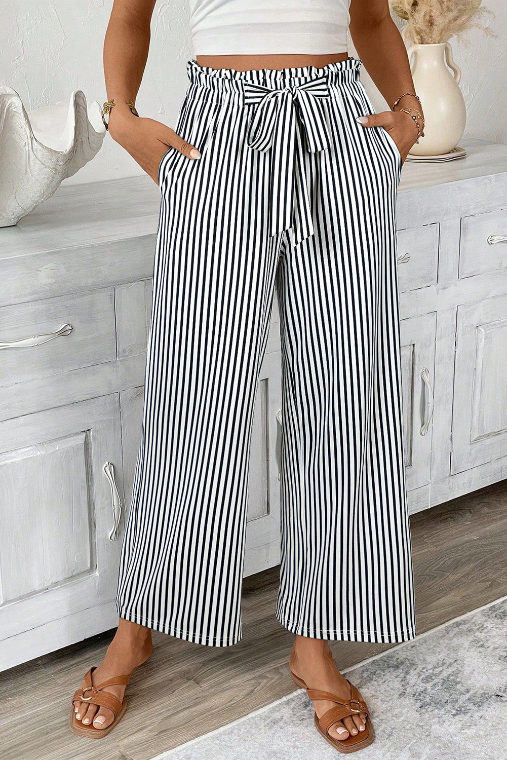 Black Striped Frill Knot Waist Decor Pants