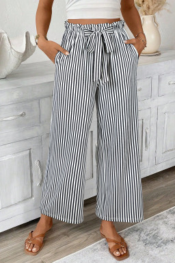 Black Striped Frill Knot Waist Decor Pants