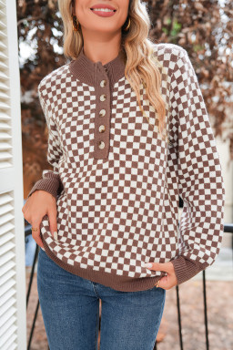 Dark Brown Plaid Contrast Trim Button Neck Sweater